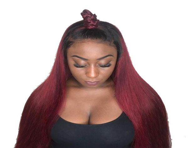 

ombre burgundy straight glueless lace front wig virgin hair brazilian two tone color1b 99j human hair wig with baby hair8904665, Black;brown