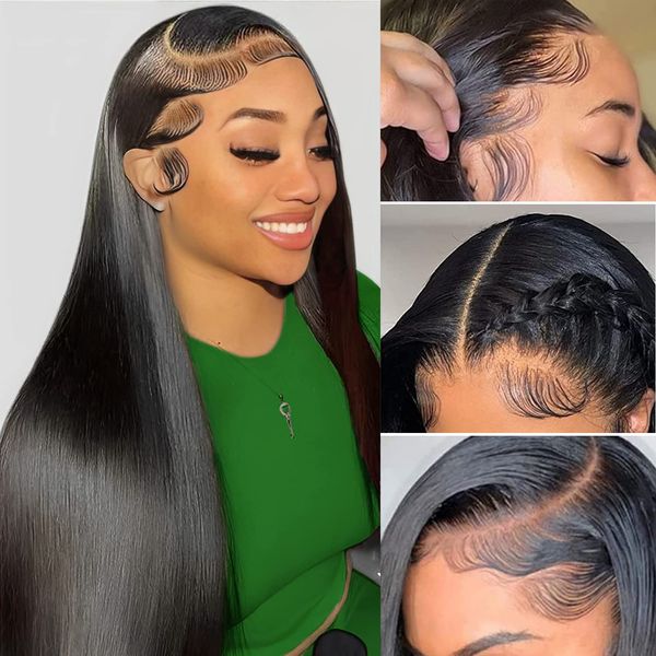 

bone straight human hair wigs lace closure wig with baby hair brazilian pre-plucked 13x4 lace front hd lace wig, Black;brown