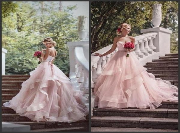 

2020 romantic blush ball gown wedding dresses ruffles organza beads lace sweetheart neck sash country outdoor wedding bridal gowns6138931, White