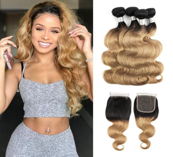 

ombre hair bundles with closure 1b 27 honey blonde brazilian body wave hair 4 bundles with 4x4 lace closure remy human hair extens3799414, Black;brown