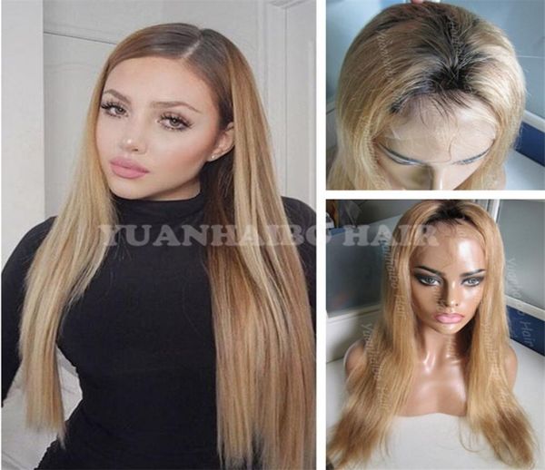 

1bt27 silky straight two tone malaysian remy hair honey blonde ombre full lace wig 1465814, Black;brown