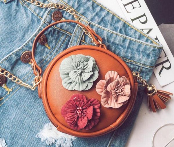 

purse autumn children handbag desinger round shaped flora kids shoulder chain with tassel pu crossbody bag zipper bags1223389, White