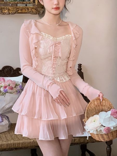 

two piece dress lace kawaii lolita 3 piece set women summer bow vintage sweet chiffon skirt suit female korean cute japanese mini skirt 230, White