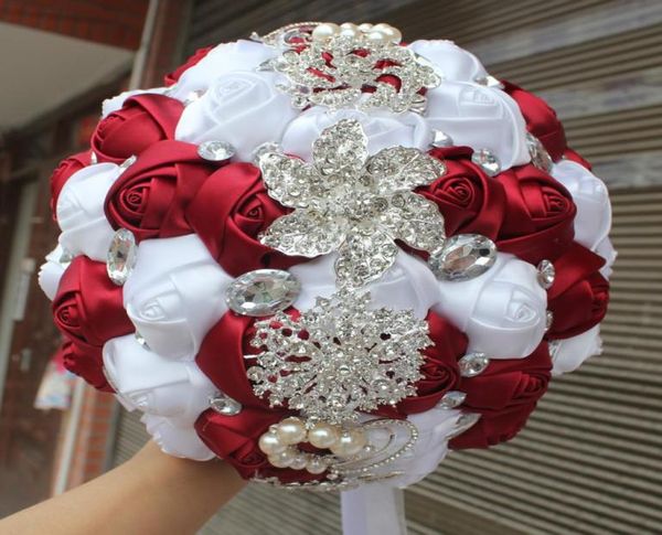 

wine red white wedding bouquet artificial sweet 15 quinceanera bouquet crystal silk ribbon new buque de noiva 37 colors w228e 6919177