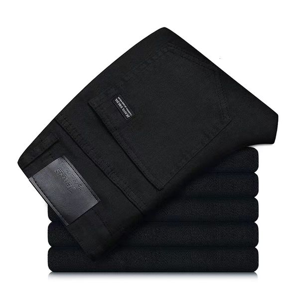 

men s jeans four seasons cotton midwaist black regular denim pants classic business casual elasticity slim fit trousers male 230629, Blue