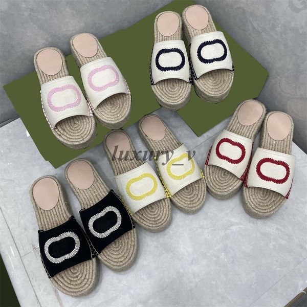 

designer slippers straw woven rope slides summer platform sandals slip-on flats women canvas slipper beach flat with box, Black