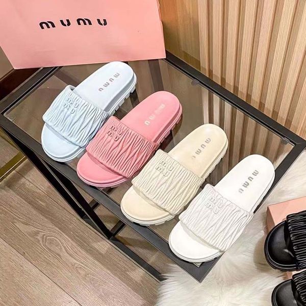 

2023 designer sandals women's slide miu new thick sole multi color summer outdoor beach leather flat bottom sandals, Black