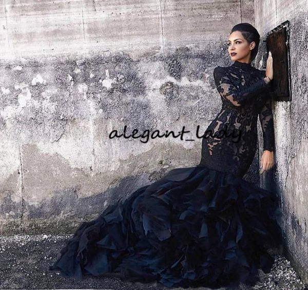 

black mermaid lace wedding dresses with long sleeves high neck ruffles skirt women non white gothic lds bridal gowns with color co9596795