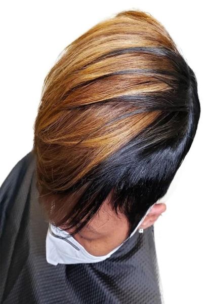

short honey blonde ombre color brazilian human hair bob wig with bangs pixie cut straight non lace front wigs for women8812626, Black;brown