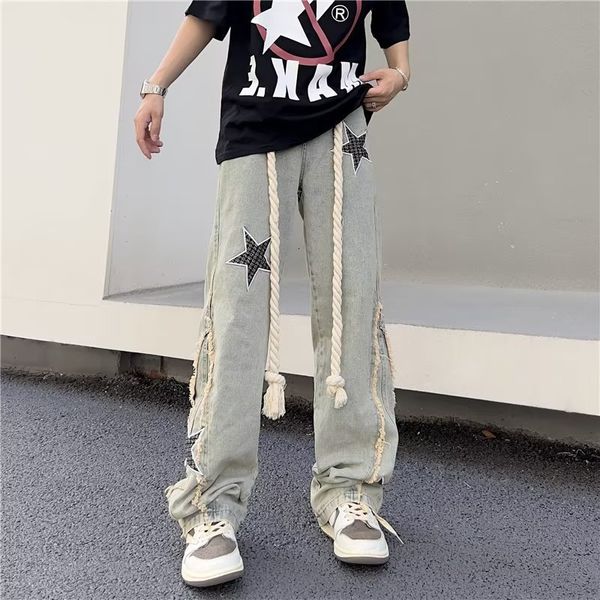 

men s jeans street wear pentagram embroidery wide leg washed distressed pants baggy draping trousers raw edge 230629, Blue