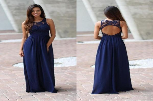 

2019 navy blue lace bridesmaid dresses jewel neck backless chiffon illusion floor length long junior wedding guest dress custo9411017, Blue;red