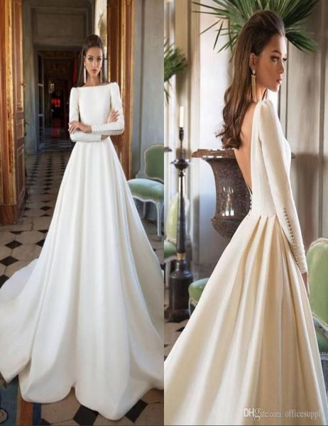 

simple wedding dresses 2023 boat neck long sleeves backless ruffles satin wedding gowns vintage bridal dress4153485, White