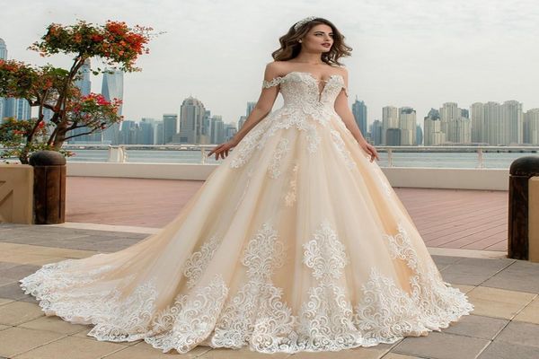 

vintage off the shoulder a line lace wedding dresses applique beading lace up champagne bride dress chapel train bridal gown plus 1980465, White