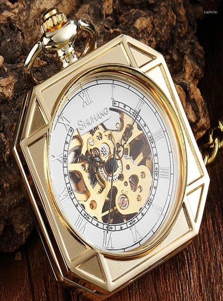 

pocket watches luxury gold mechanical watch vintage skeleton golden male clock hand wind square necklace chain for men women gift2400050, Slivery;golden