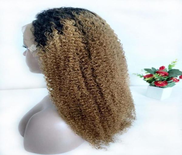 

1b27 honey blonde lace front wig raw indian kinky curly ombre human hair colored wigs pre plucked blonde curly t part frontal nat8945713, Black;brown