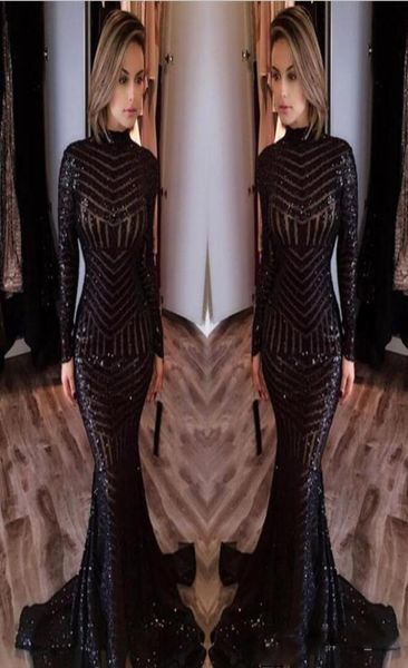 

black mermaid evening dresses 2017 newly high neck long sleeves sequined prom dresses sweep train celebrity red carpet gowns 1921560