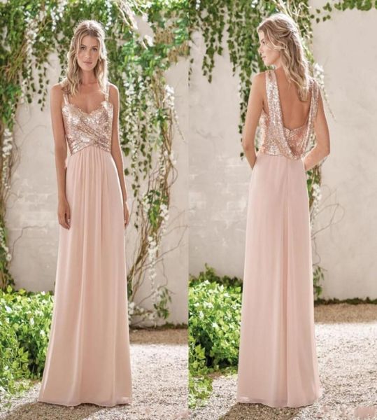 

rose gold summer sequined bridesmaid dresses spaghetti straps sequins long chiffon ruffles blush pink maid of honor wedding guest 6849252, White;pink