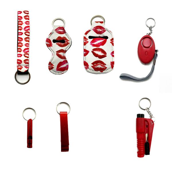 

red explosive security keychain seven-piece wrist strap liquid bottle sleeve lipstick sleeve alarm bottle opener whistle window breaker self, Silver
