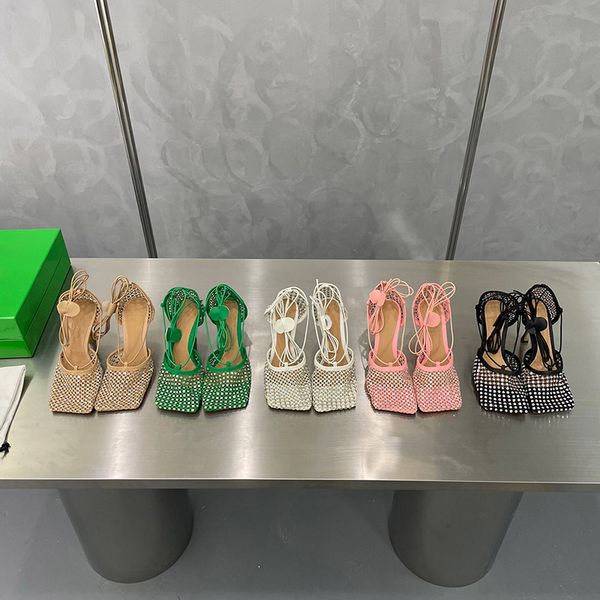 

luxurys high heel sparkle stretch lace-up sandal designer women dress shoes mesh and leather sandals ankle strap designer heels square toe p, Black