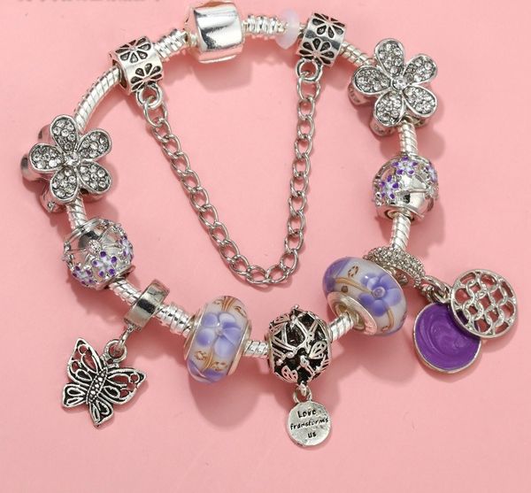 

925 sterling silver murano glass beads purple daisy flower european charm beads butterfly dangle fits pandora charm bracelets necklace, Golden;silver