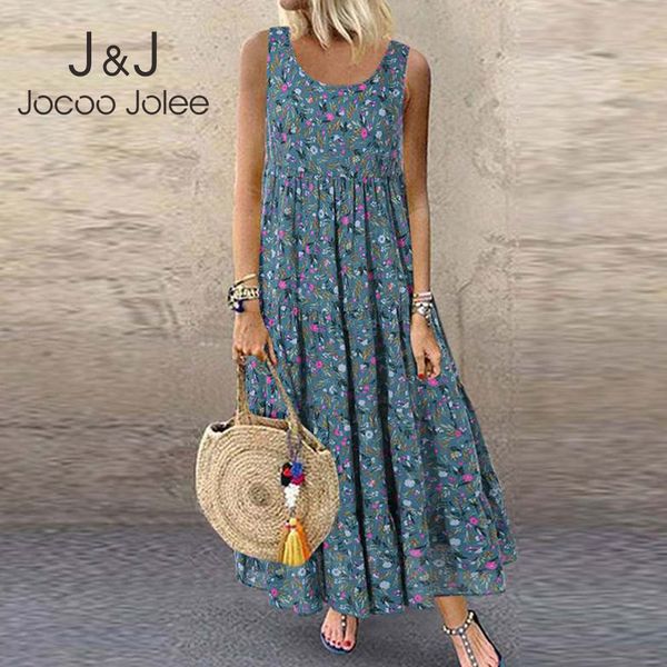 

basic casual dresses jocoo jolee bohemian maxi dres vintage sleeveless o neck floral print loose long oversized beach sundress 230629, Black;gray