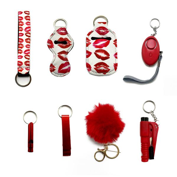

red fashion women self-defense keychain eight-piece set with liquid bottle set lipstick set bottle opener alarm hairball window breaker safe, Silver