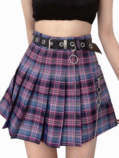 

harajuku plaid skirt women punk y2k high waist mini tennis skirts uniform chain pocket aline streetwear vintage belt l230621, Black