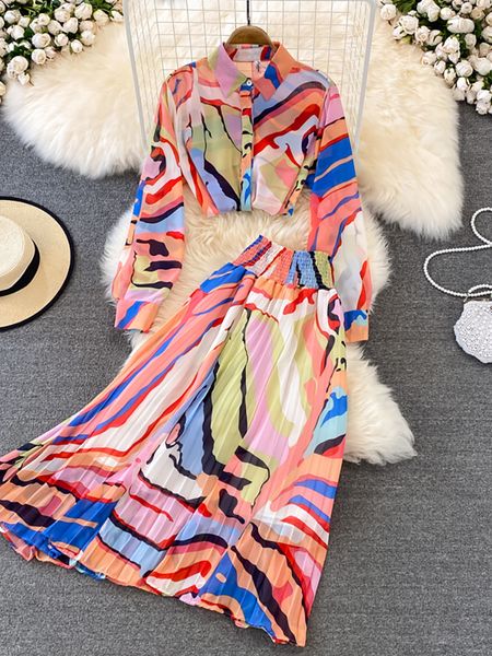 

two piece dress casual women printed chiffon two piece set female turn-down collar single breasted blouse high waist pleated skirt suit 2306, White