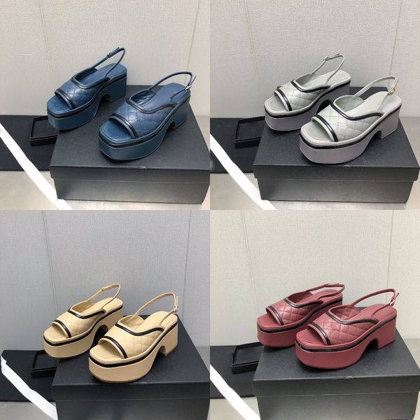 

colorful quilting sandal designer sandals thick bottom platform slides slingback leather buckle slide with box, Black