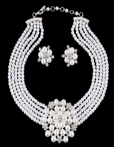 

european and american bridal accessories necklaces texture diamond flower pearl set jewelry3617989, Silver