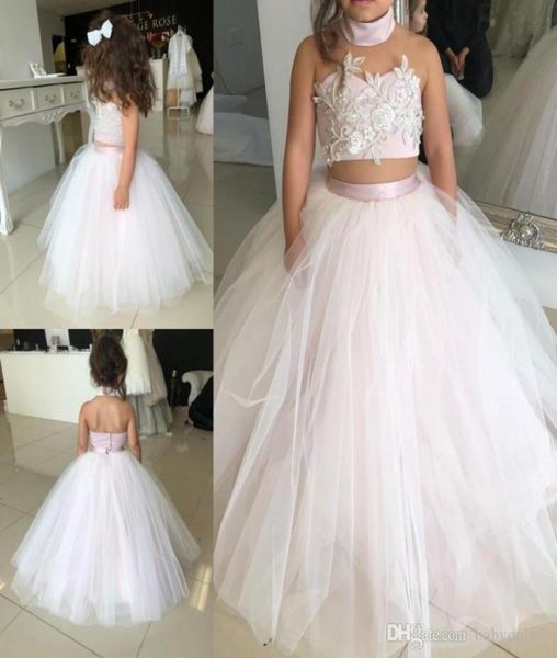 

lovely kids two pieces flower girl dresses princess a line halter neck backless girls toddler formal party wear gowns birthday pag5892450, White;blue
