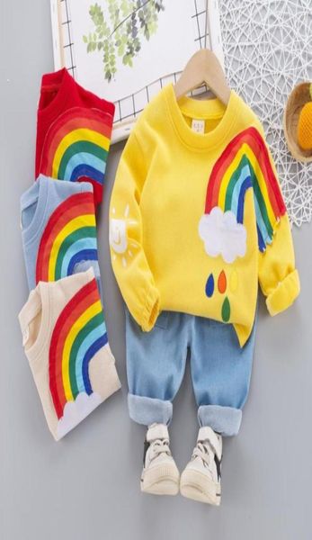 

toddler boy clothes cotton girls rainbow oneck jeans 2pcs costume casual longsleeve set for baby spring denim outfit9990555, White