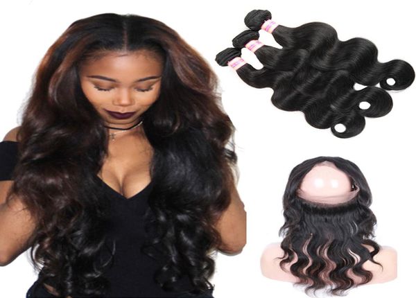 

brazilian body wave 360 lace frontal closure with bundles brazilian virgin hair extensions human hair pre plucked 360 frontal with8328408, Black