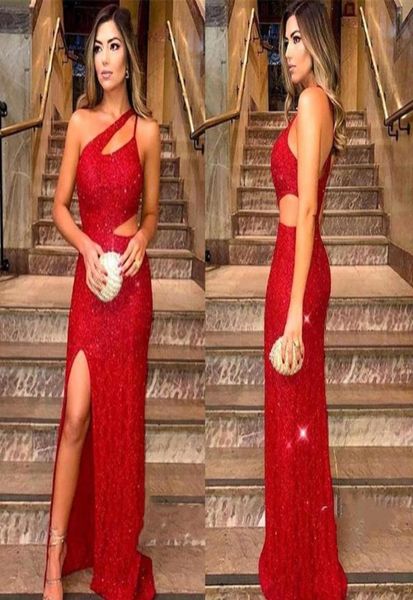 

red sequined evening dresses 2019 one shoulder split holiday wear formal party prom gowns custom made plus size9059462, Black;red
