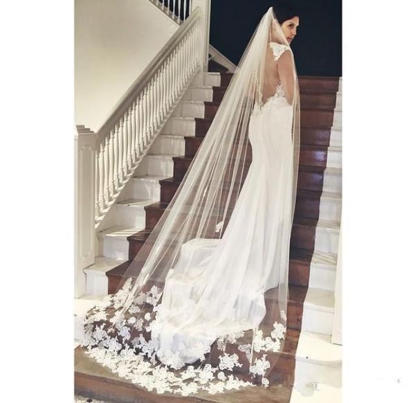 

selling in stock long chapel length bridal veil appliques 2019 veu de noiva longo wedding veil lace purfle with comb7882002, Black