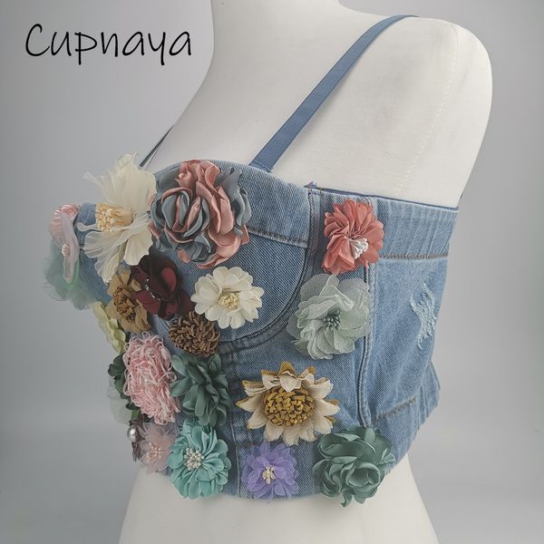 

women's tanks camis cupnaya flowers appliques women blue denim padded bustier club dj group girls crop corset camisole bralette adjusta, White