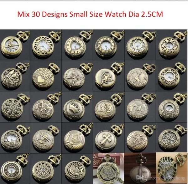 

whole 100pcslot mix 30 designs case dia 25cm pendant chain quartz bronze small crown watch pocket watch pw0484079687, Slivery;golden