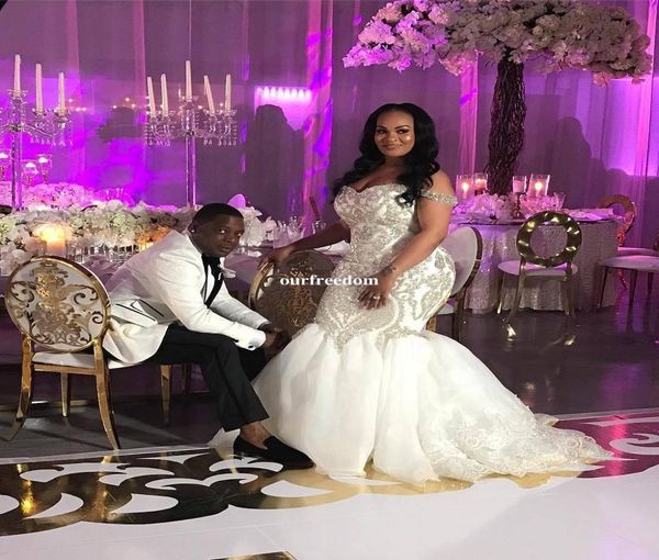 

2019 gorgeous plus size wedding dresses beaded crystal sequins mermaid off the shoulder africa bridal gown for church wedding cust8117836, White