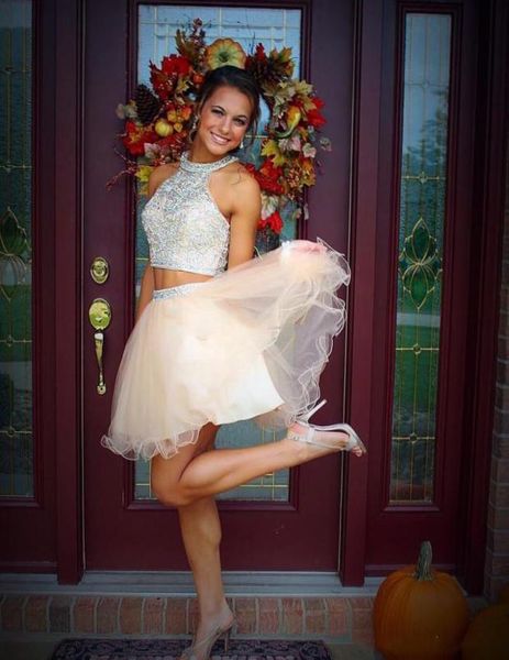 

fashion two pieces halter homecoming dresses 2020 beading crystal tulle short a line party 11th grade graduation prom dress co5718972, Blue;pink