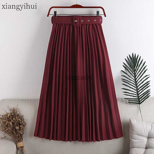 

wine red pleated skirt women ladies winter elegant temperament kneelength skirt casual high waist sashes green black skirts l230621