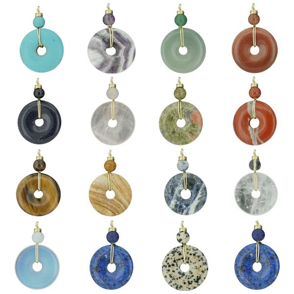 

healing crystal pendant for women mens 1.2 inch & 30cm gemstone donut lucky coin pendant with copper wire wrapped choker, Silver