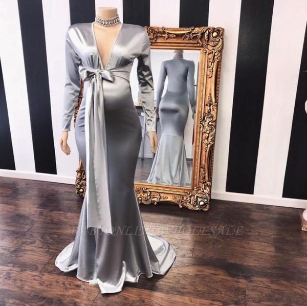 

2022 silver plunging v neck prom dresses long sleeves with bow waist evening gowns maid of honor bridesmaid dress bc59827624631, Black
