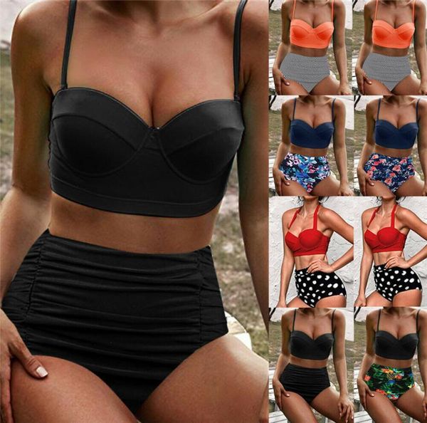 

women high waisted bikini set push up swimsuit bathing suit swimwear beachwear stripe dots print swimming costume1774506