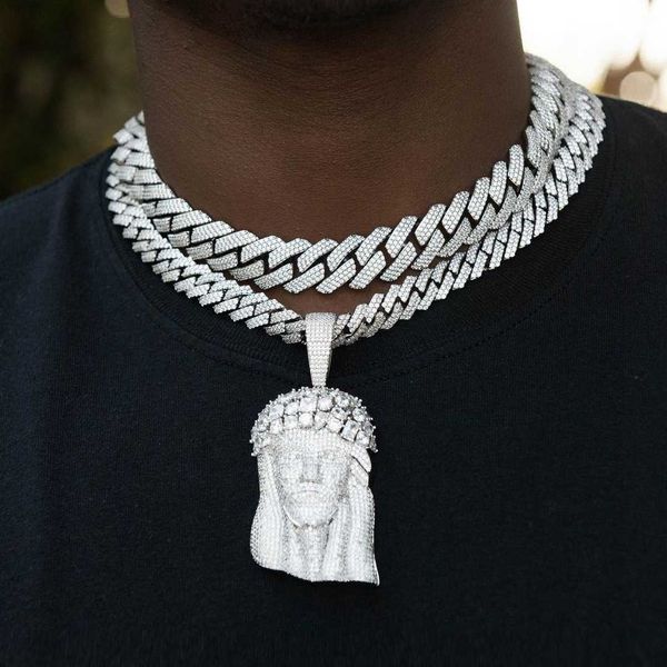 

12mm 19mm diamond shaped cuban chain set of 2 pieces iced out bling cool men hip hop jesus necklace, Silver