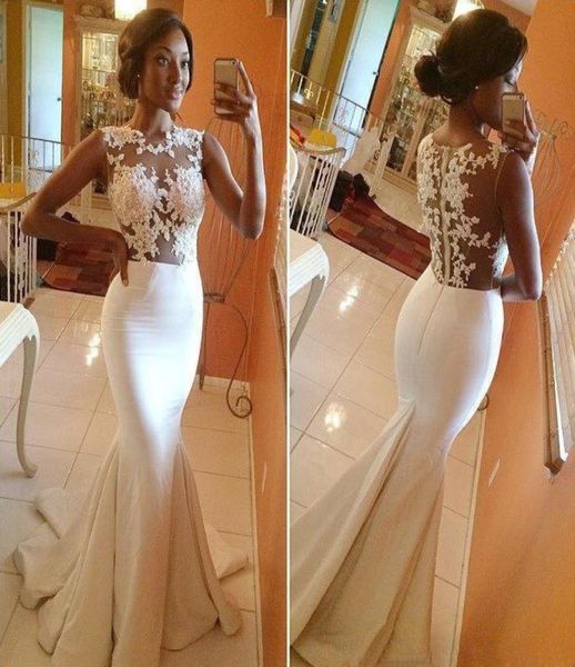 

2021 mermaid wedding dress appliques sheer bodice lace illusion formal bride party dress african reception gowns6951379, White