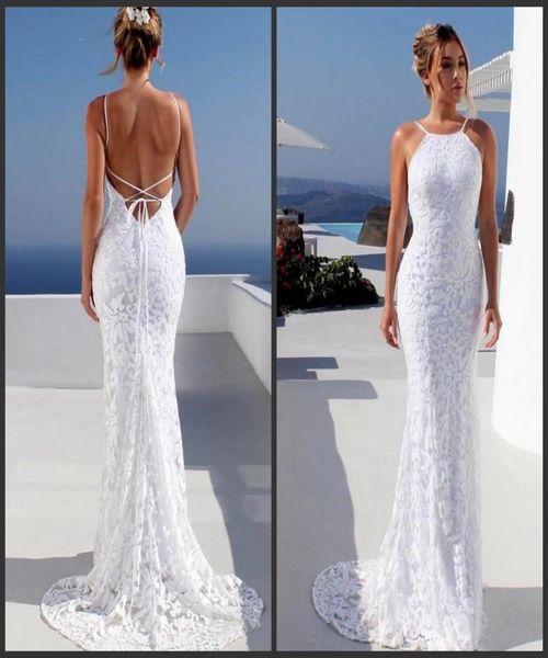 

2019 new bohemian beach wedding dresses spaghetti backless mermaid bridal gowns sweep train lace country princess dress for brides1593649, White