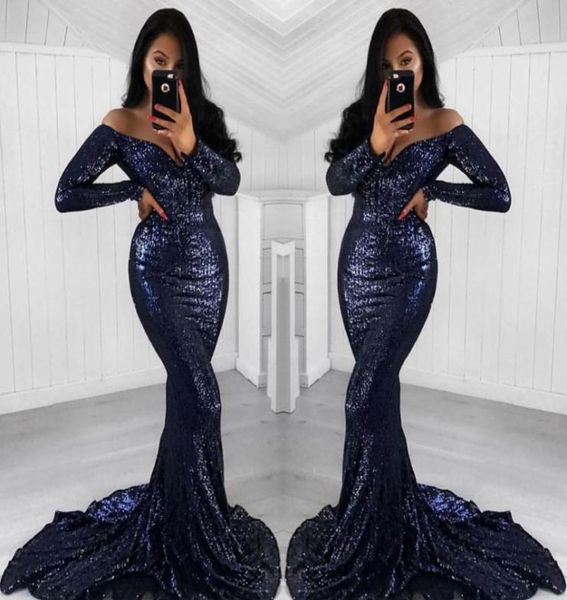 

2019 navy blue sequined prom dress long sleeves formal pageant holidays wear graduation evening party gown custom made plus s4845130, Black