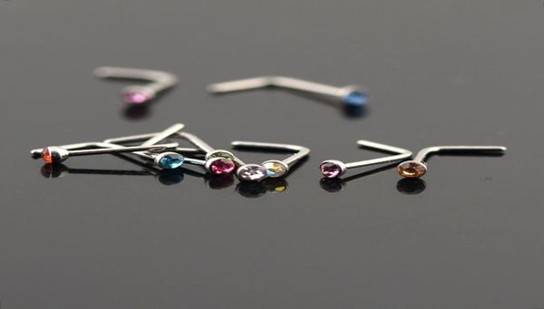 

women stainless steel nose studs rings l shaped stainless steel crystal nose septum piercing body jewelry 20g6760308, Silver