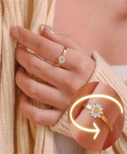 

cluster rings rotatable daisy flower for women girls anti stress anxiety adjustable figet spinner ring female jewelry gift anillos9245477, Golden;silver