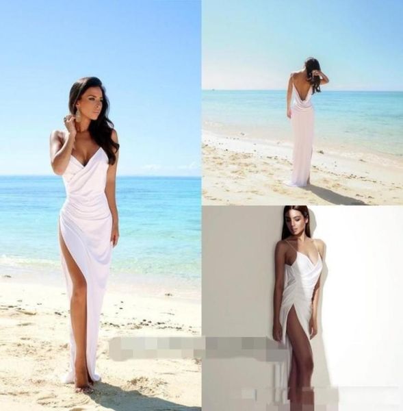 

deep v neck beach wedding dresses spaghetti straps side split bridal gowns white chiffon open back sheath column summer 349602